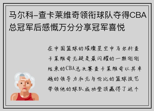 马尔科-查卡莱维奇领衔球队夺得CBA总冠军后感慨万分分享冠军喜悦