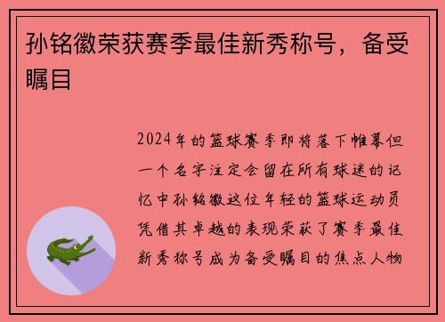 孙铭徽荣获赛季最佳新秀称号，备受瞩目